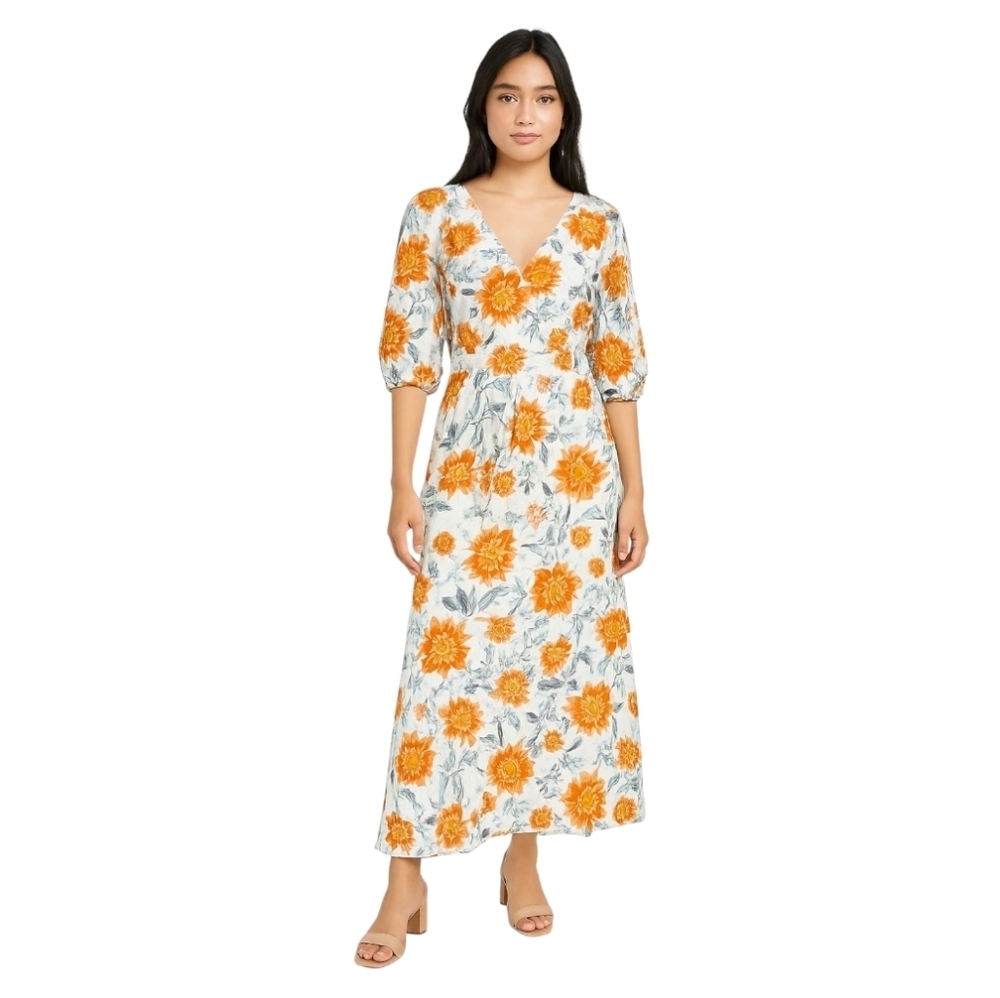 Anthropologie Abel The Label Cream Floral Flutter Sleeves Ruffle Hem Maxi Small